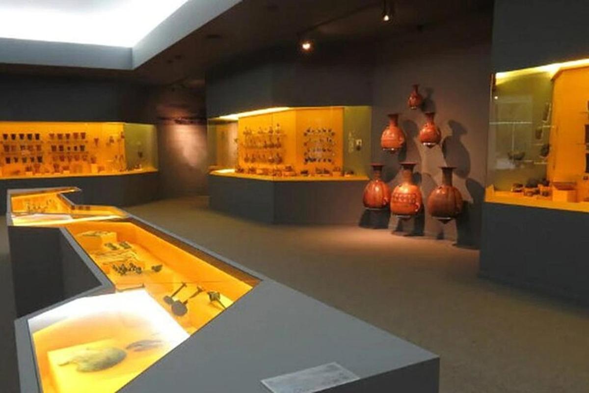 ein Museum mit Vasen in einem Raum