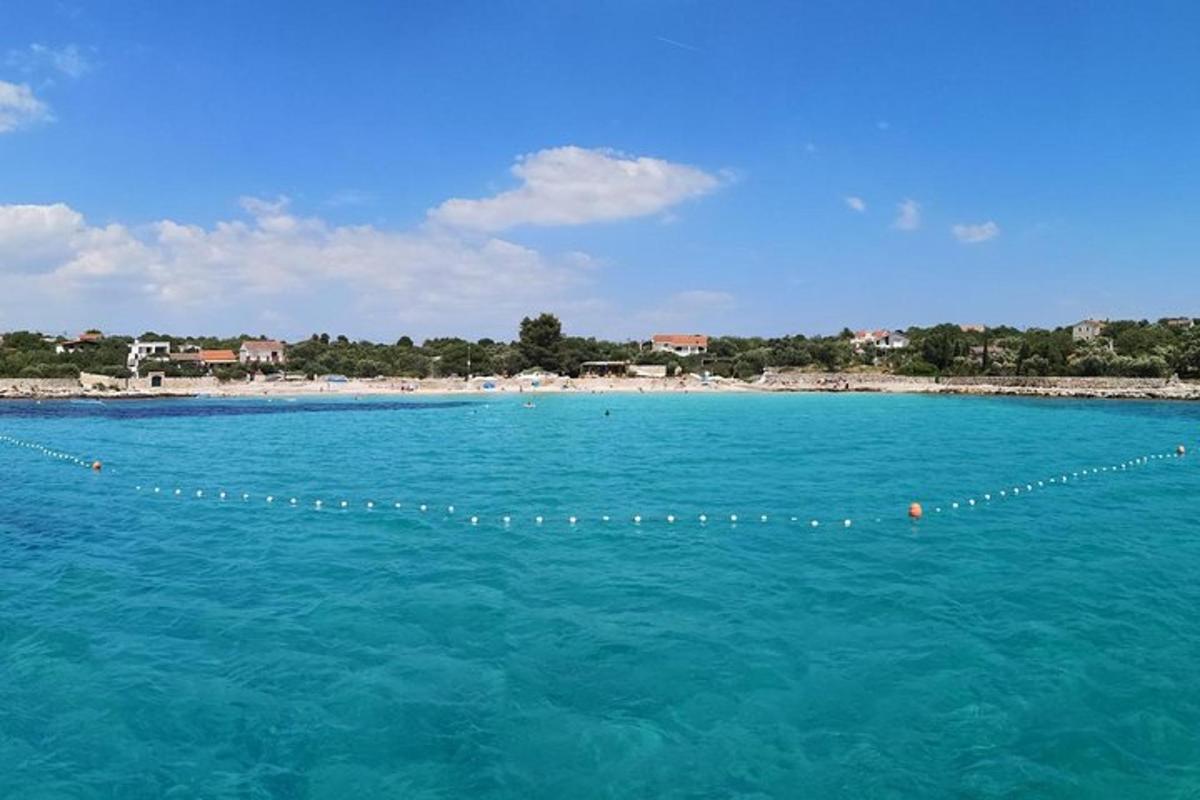 a large body of water with a beach in the background