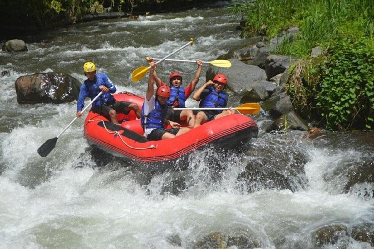 a group of people in a raft in a river