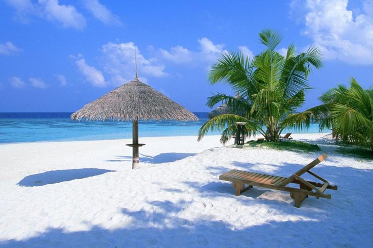 pantai dengan bangku dan payung jerami