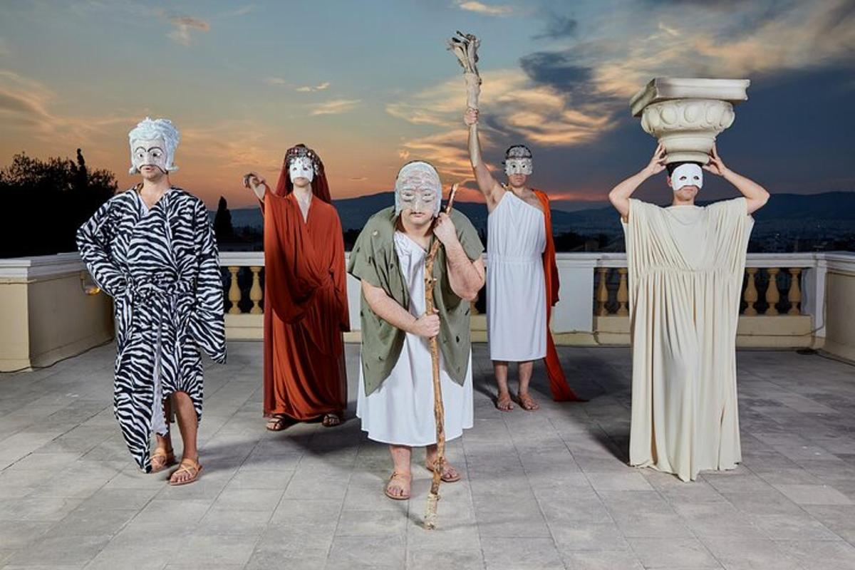 a group of people dressed up in costumes on a roof