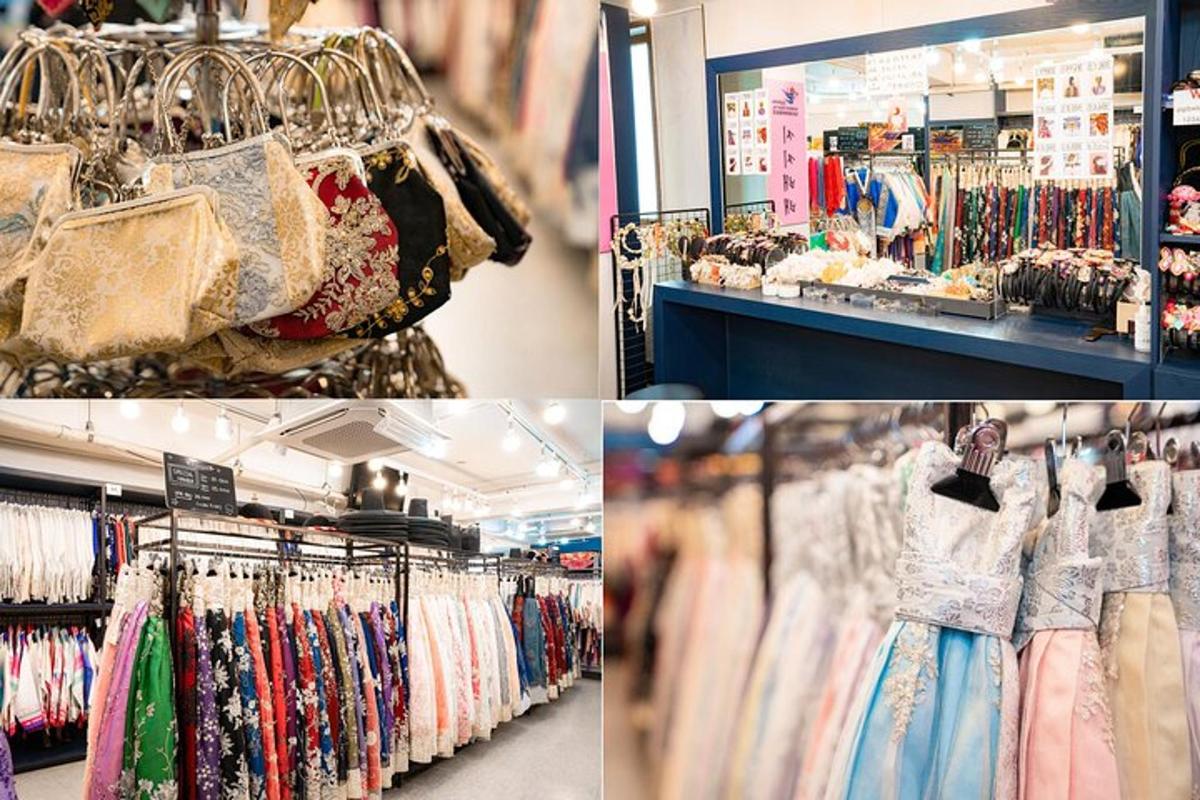 a group of four pictures of clothes in a store