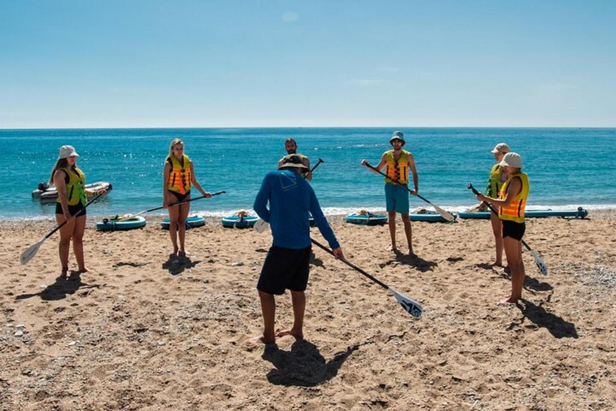 un gruppo di persone in piedi su una spiaggia con le pagaie