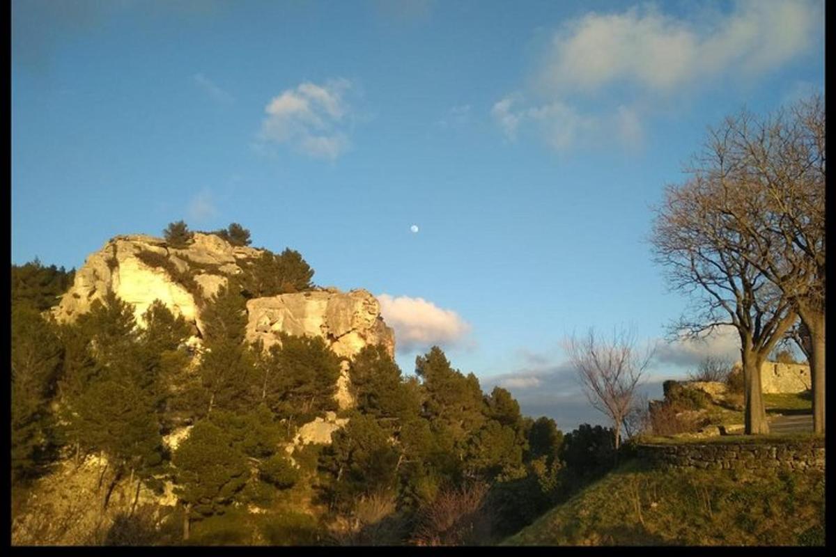 una muntanya rocosa amb arbres i un cel blau