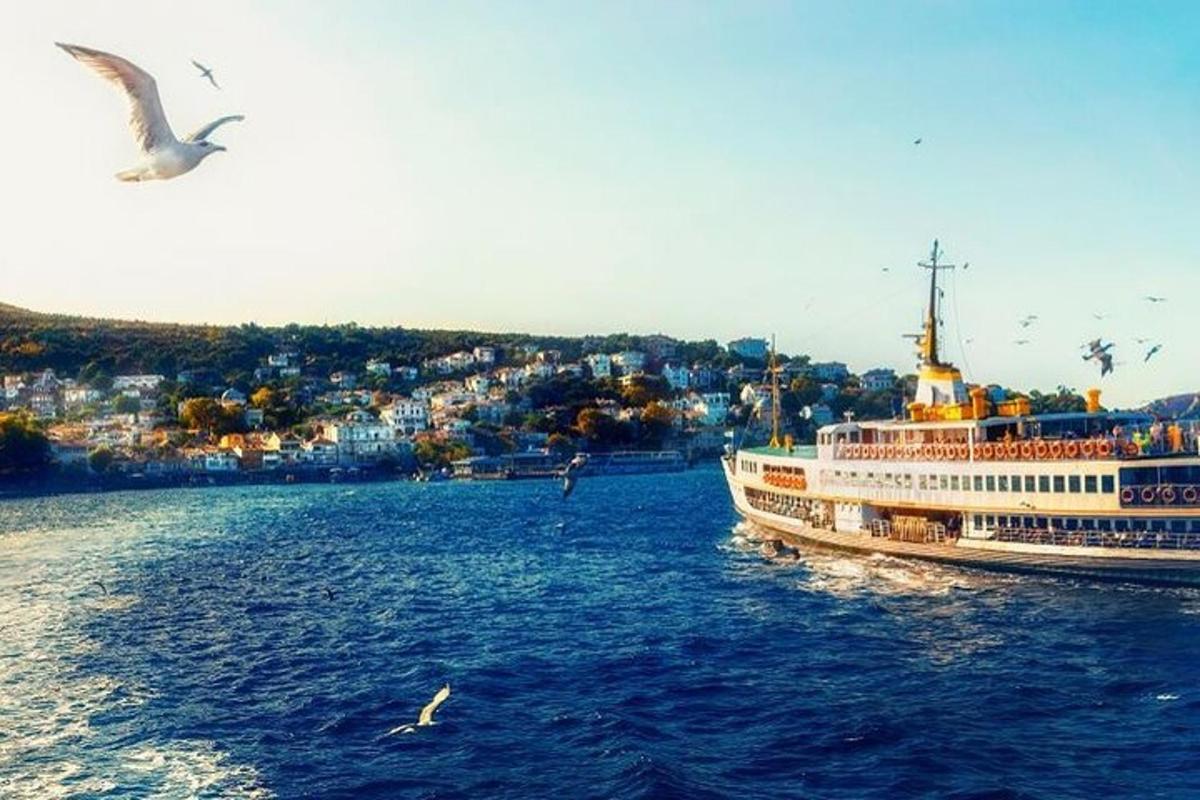 Un gran barco en el agua con pájaros volando a su alrededor.