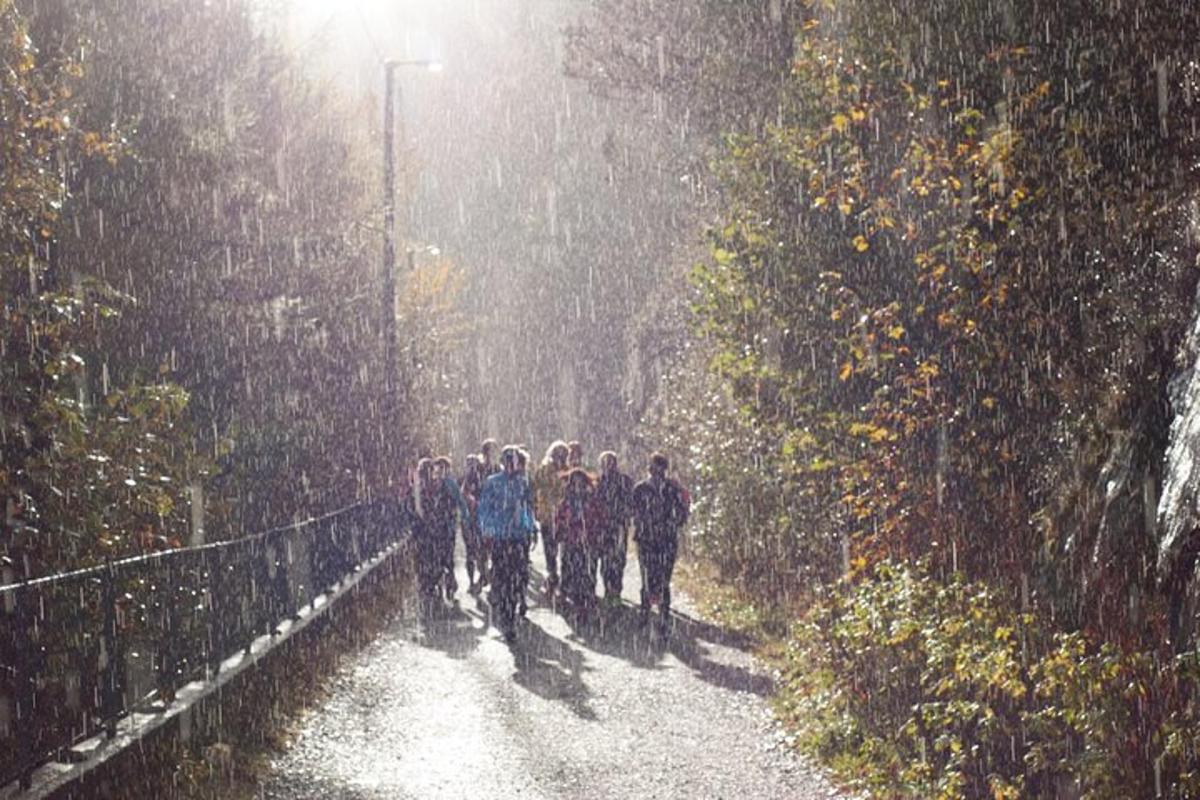 a group of people walking down a road in the rain