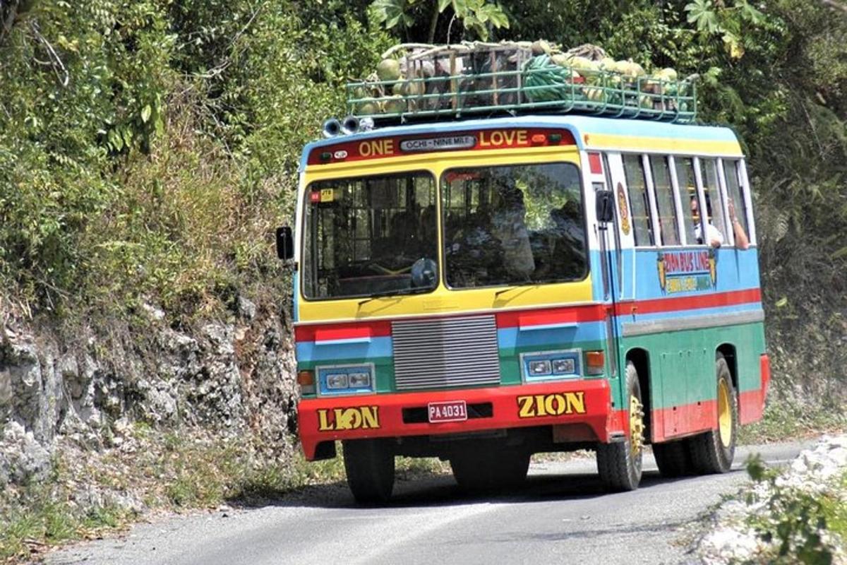 värviline buss sõidab mööda teed
