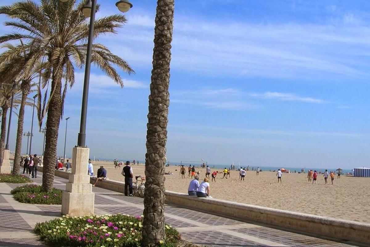 a group of people on a beach with palm trees