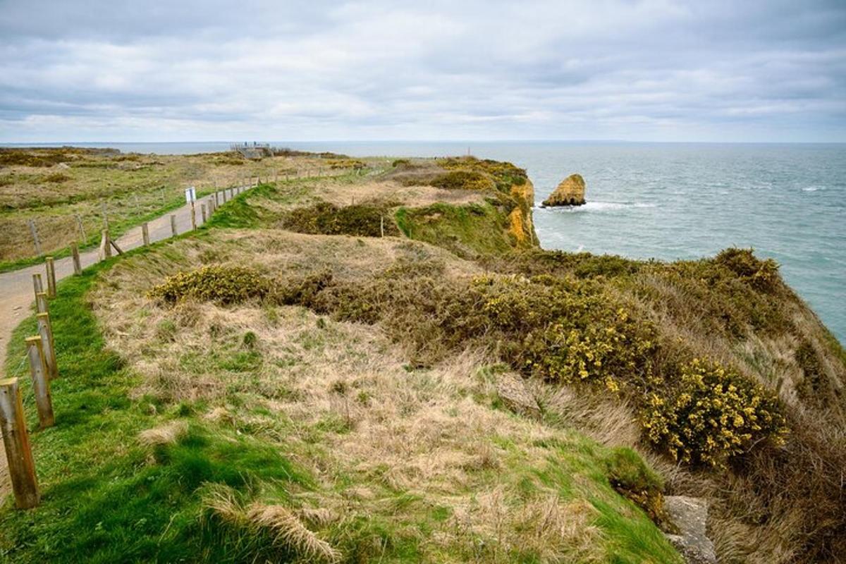 a view of the ocean from a bluff with a fence