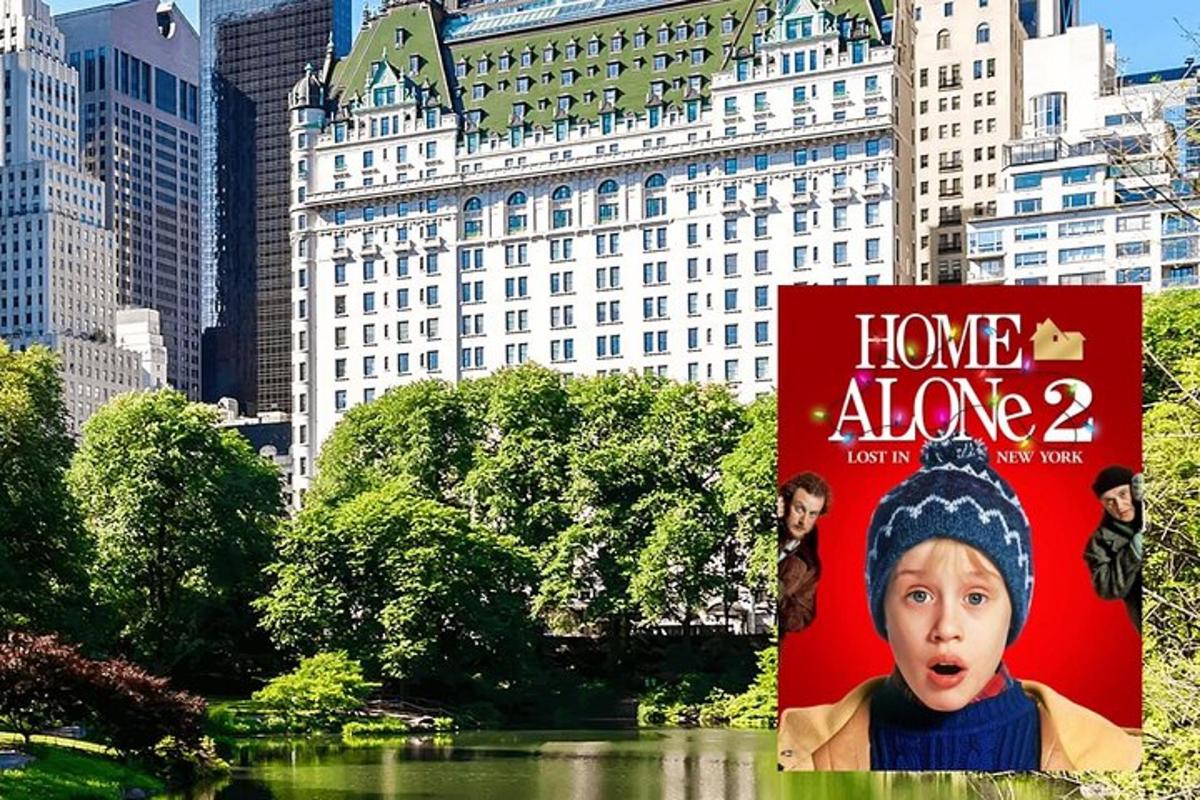 a sign for a home alone movie in a city
