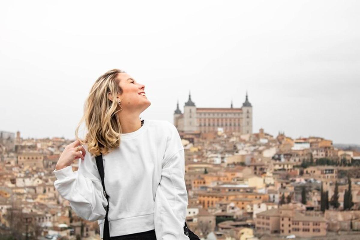 a woman is looking up at a city