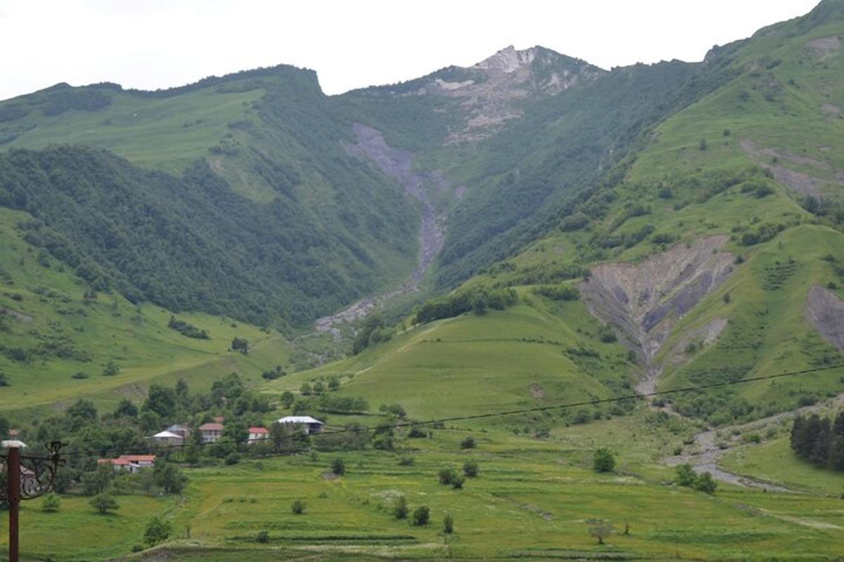 una vista di una valle verde con montagne
