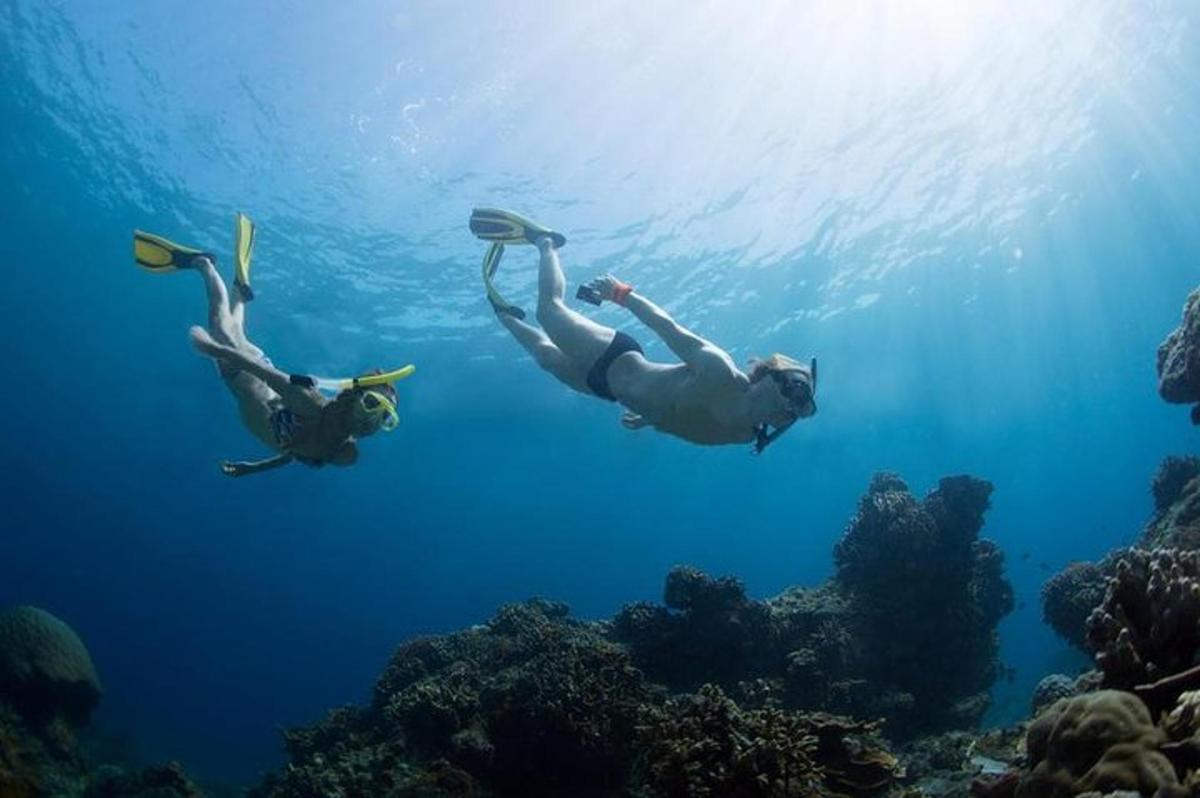 two people are swimming in the ocean near the reefs