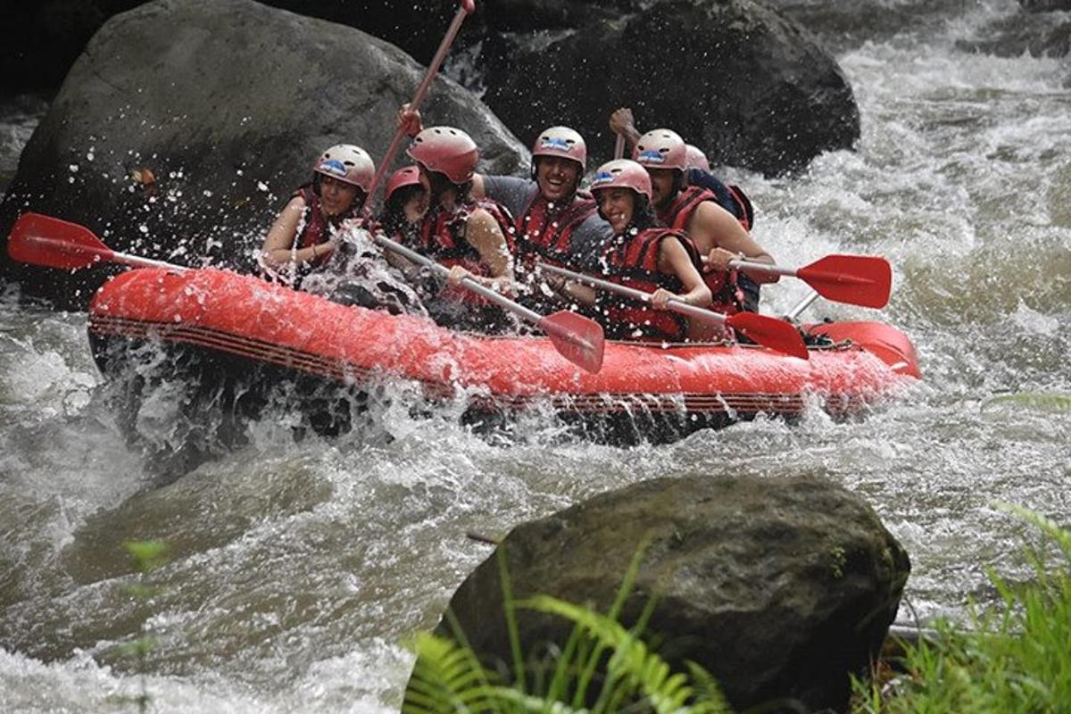 a group of people in a raft in a river