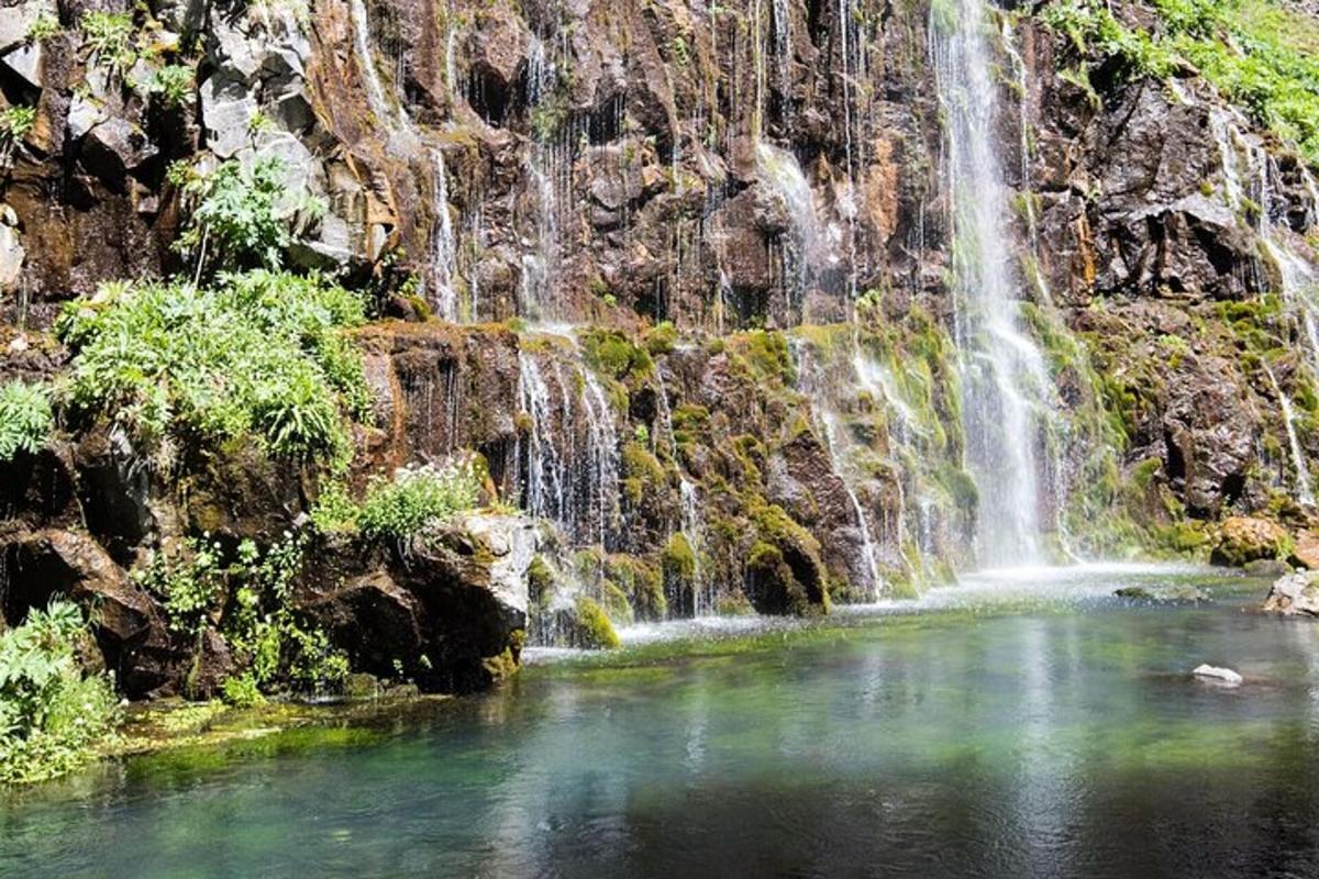 una cascata di fronte a una pozza d'acqua