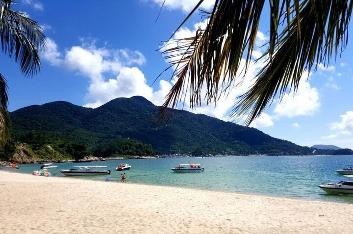 Una playa con barcos en el agua y montañas.