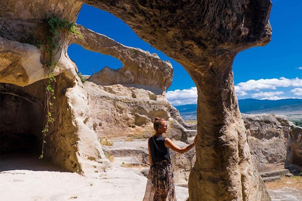 Una mujer parada junto a un árbol en el desierto.