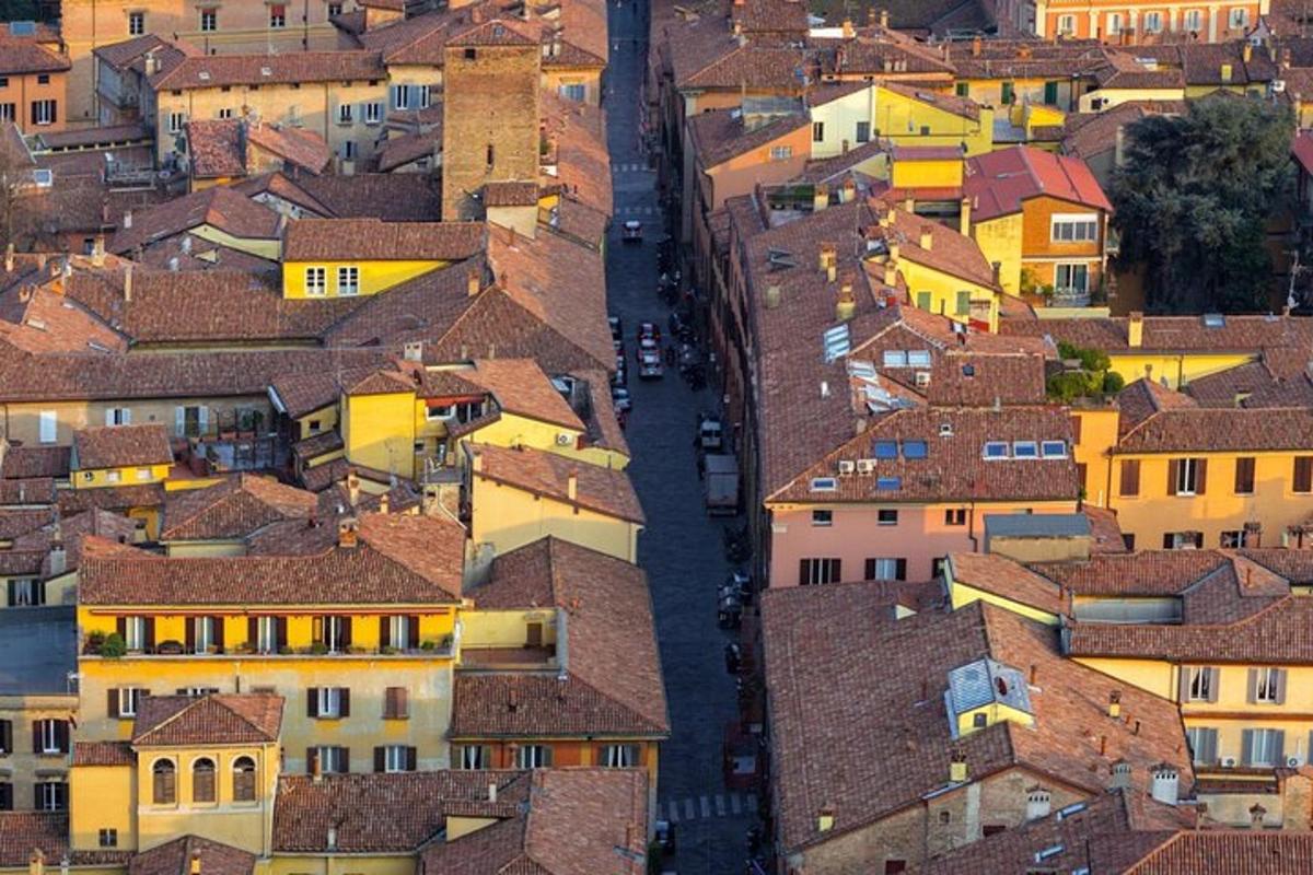 an aerial view of a city with roofs