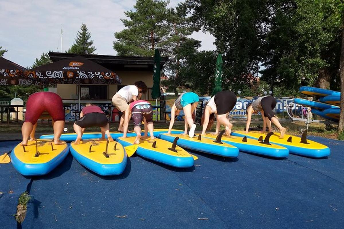 een groep mensen op surfplanken in een sportschool