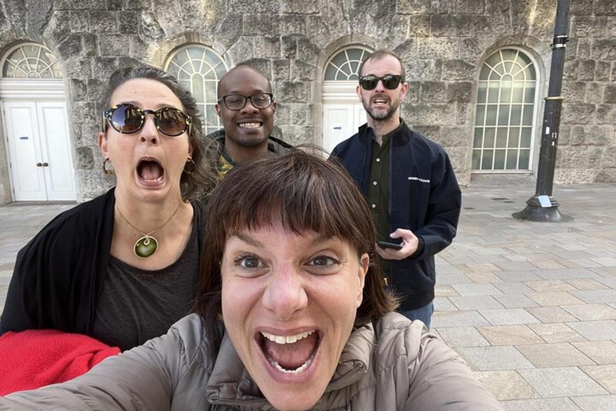 a group of people standing in front of a building