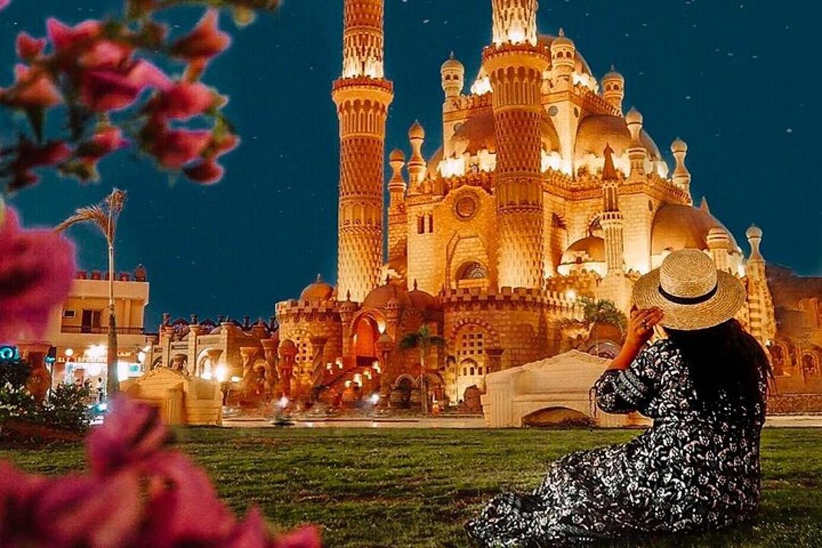 a woman sitting on the grass in front of a building