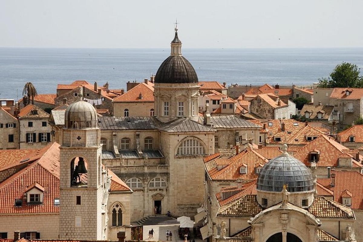 una vista di una città con una chiesa e i tetti