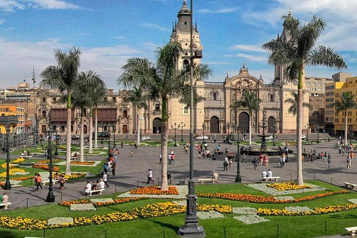 un grande edificio con una torre dell'orologio e un parco