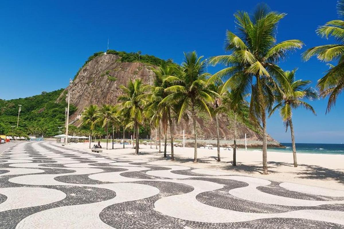 uma praia com palmeiras e uma estrada em zigue-zague