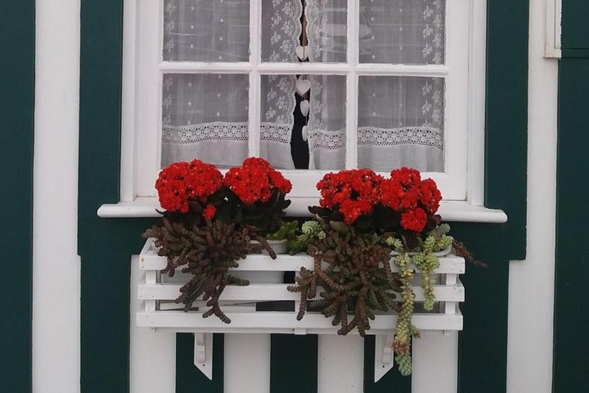 egy ablak piros virágokkal egy fehér padon