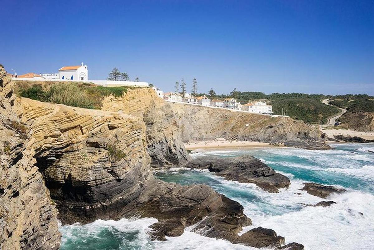 uma vista aérea de uma praia rochosa com o oceano