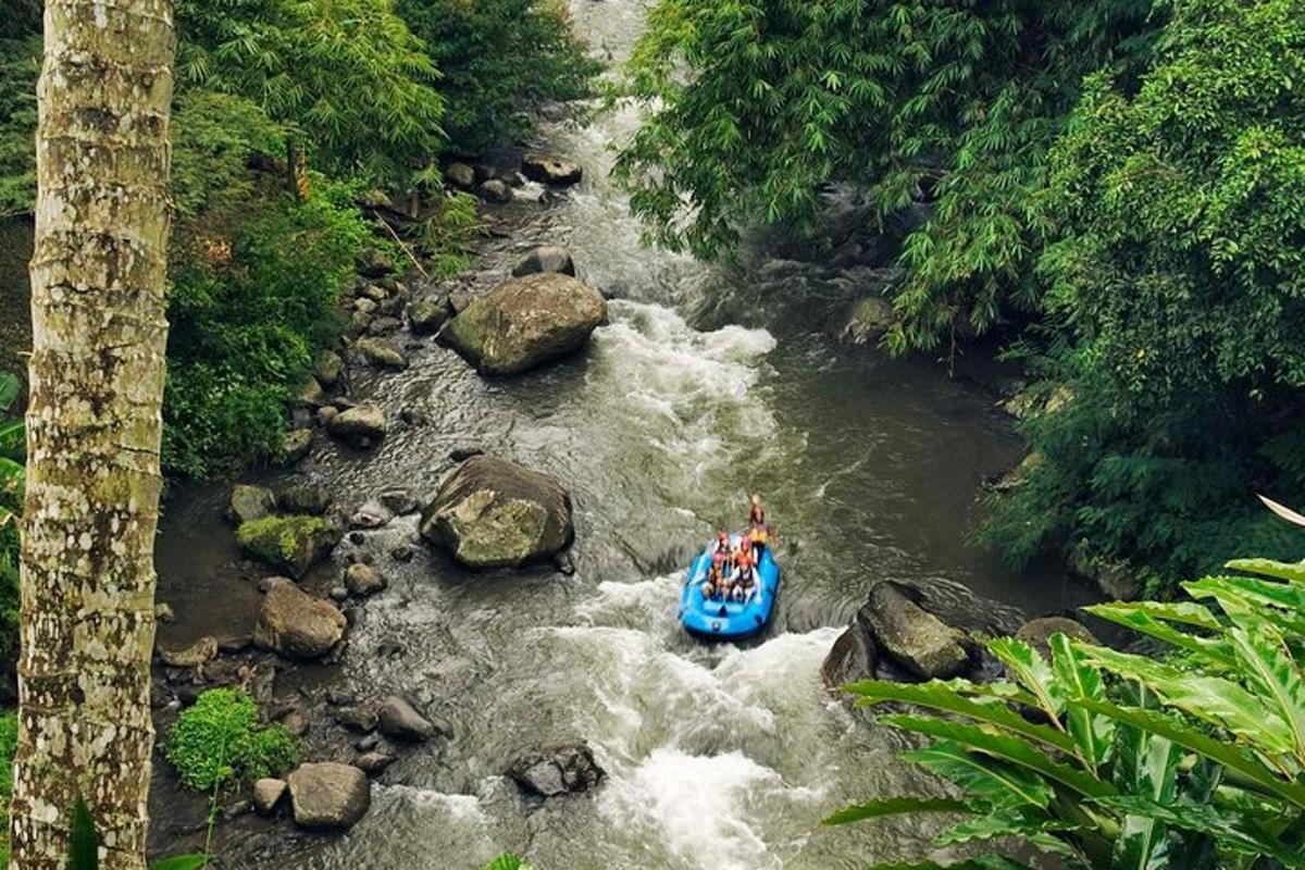 a group of people in a raft in a river