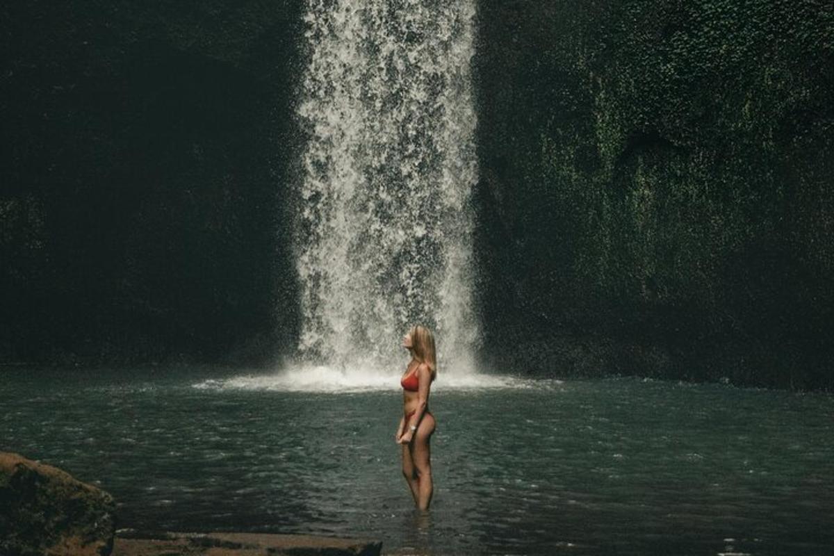 seorang wanita berdiri di air di depan air terjun