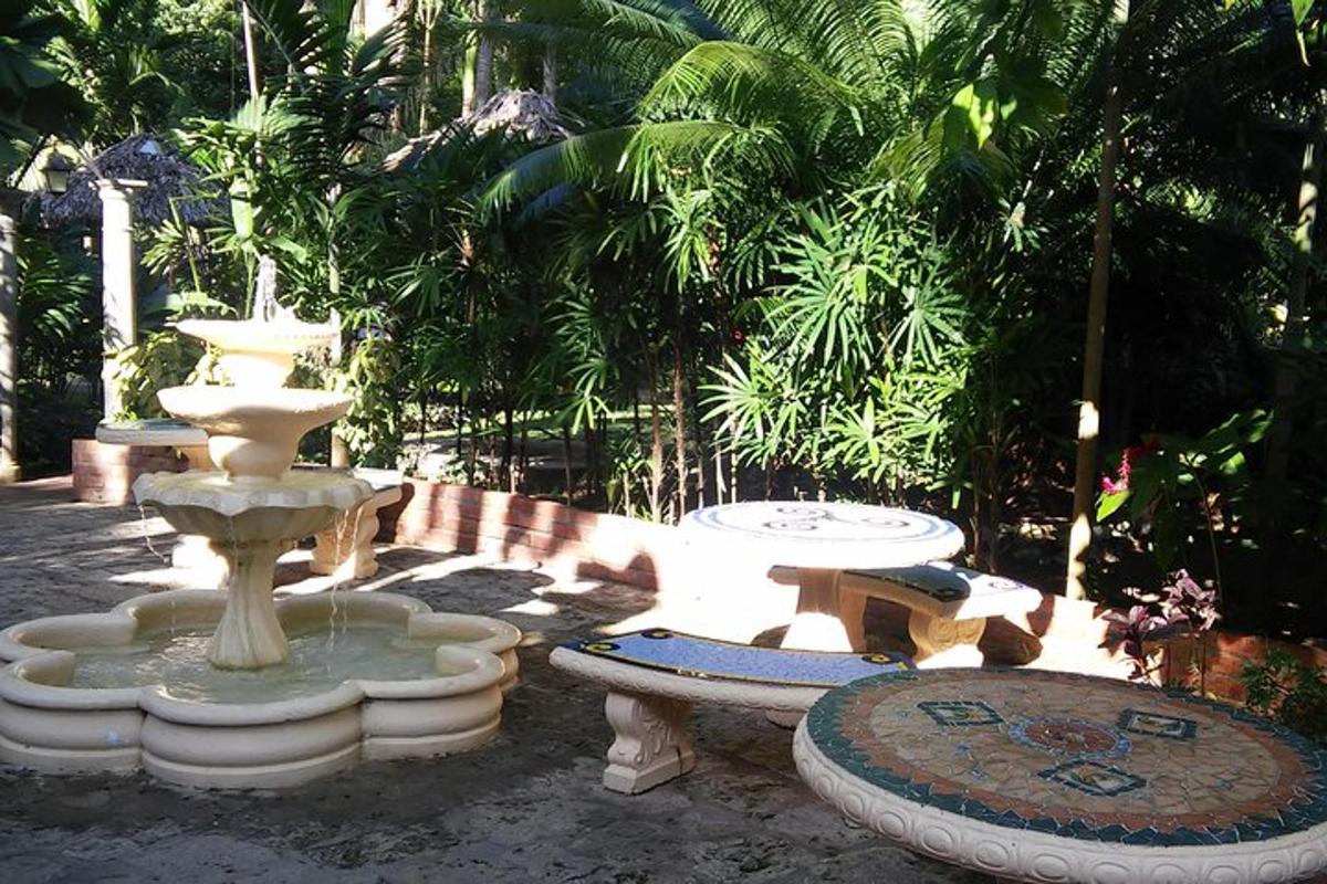Una fuente y bancos en un patio con palmeras.