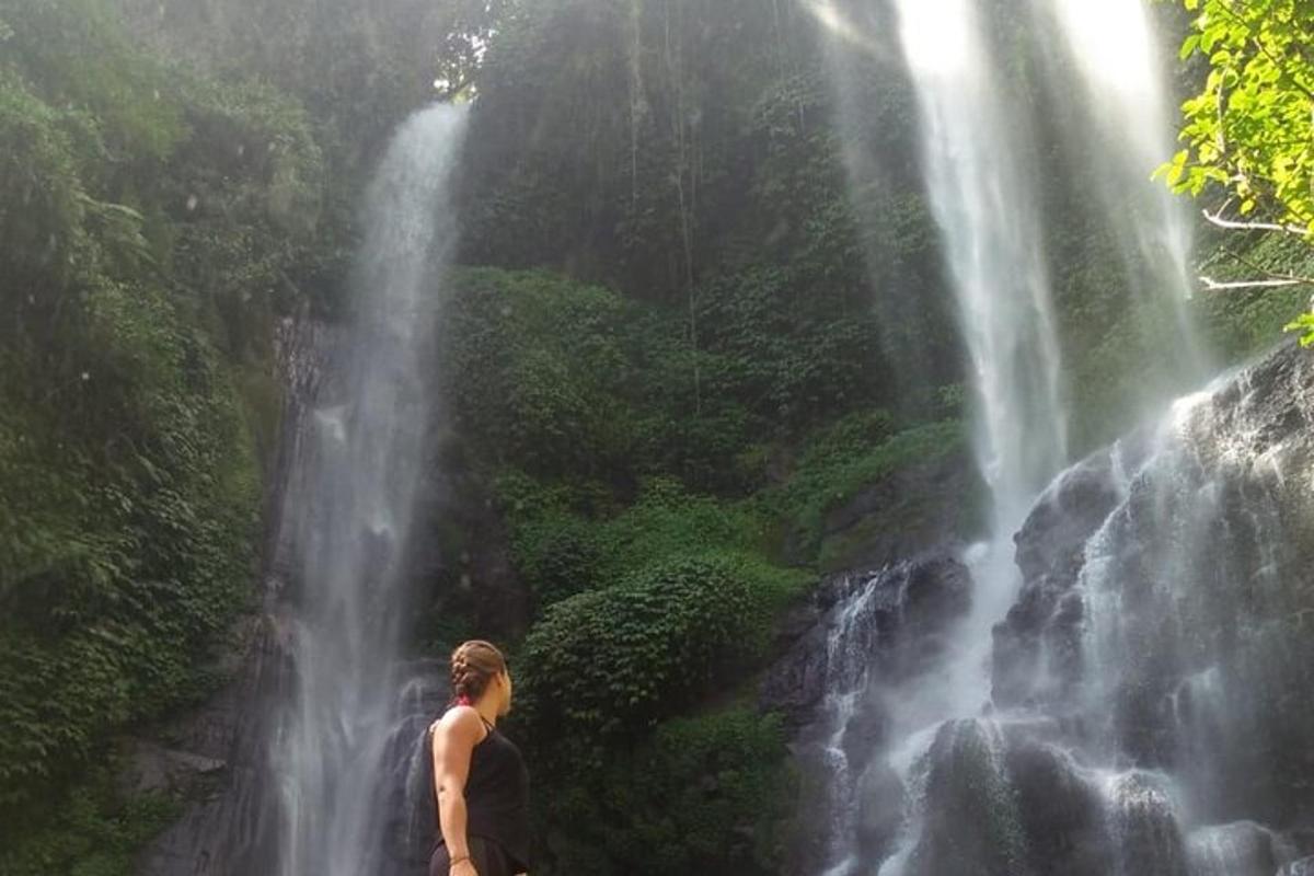 uma mulher parada em frente a uma cachoeira