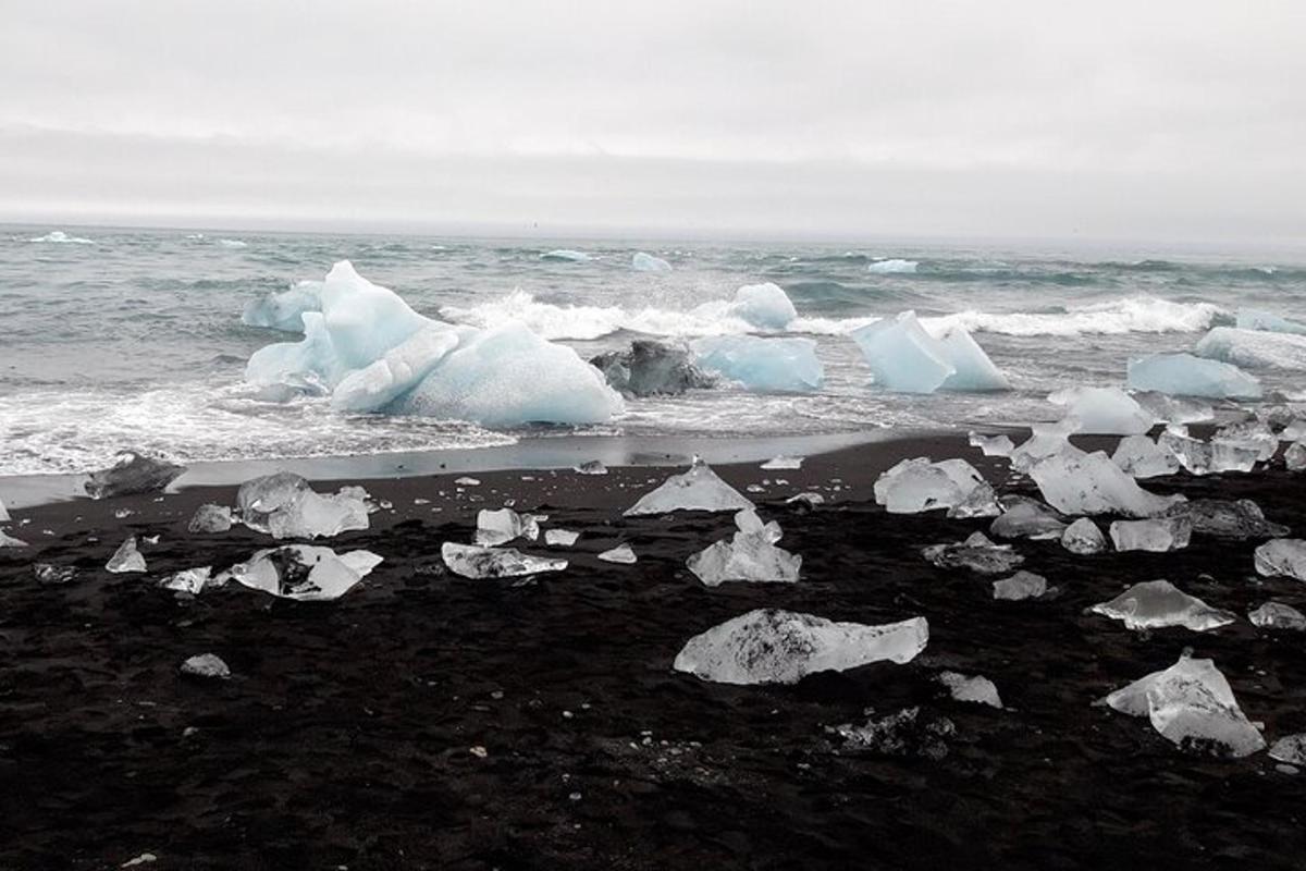 um grupo de icebergs em uma praia no oceano