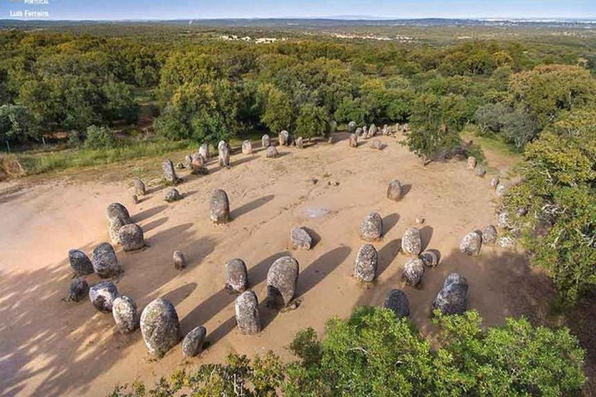 an aerial view of a group of rocks in a field