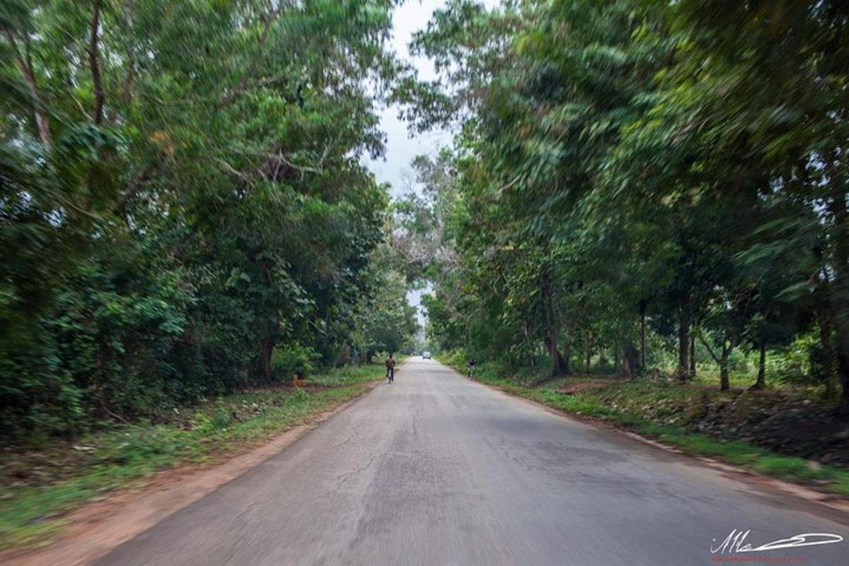 an empty road with a person riding a bike on it