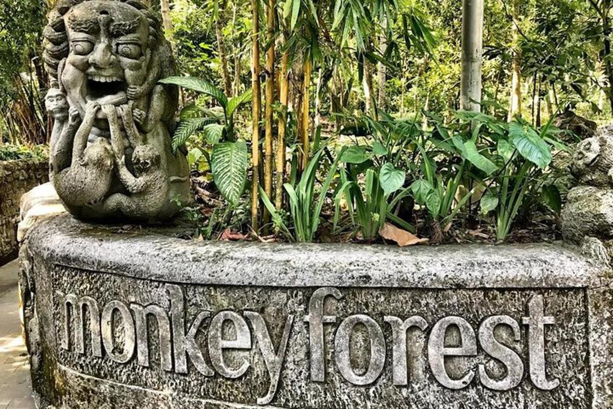 a stone statue in a garden with plants