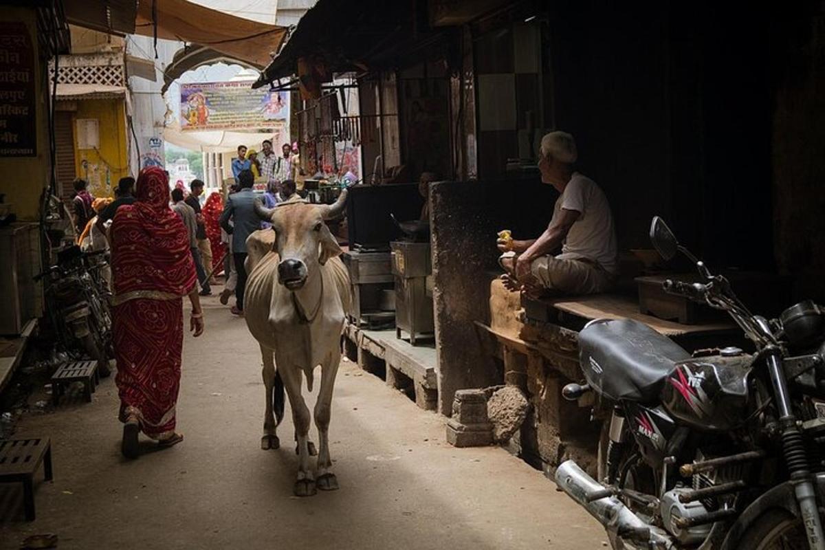 uma vaca andando pela rua em um mercado