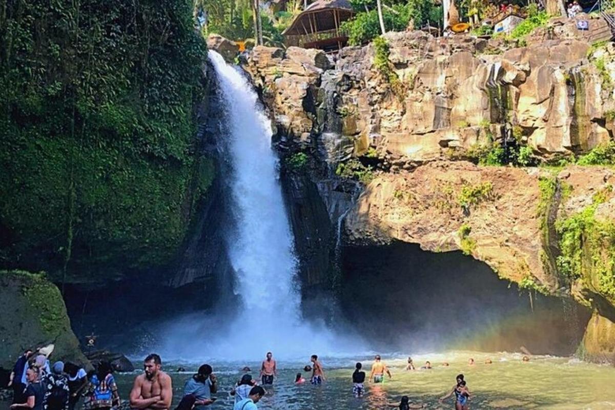 hópur fólks í vatninu við foss