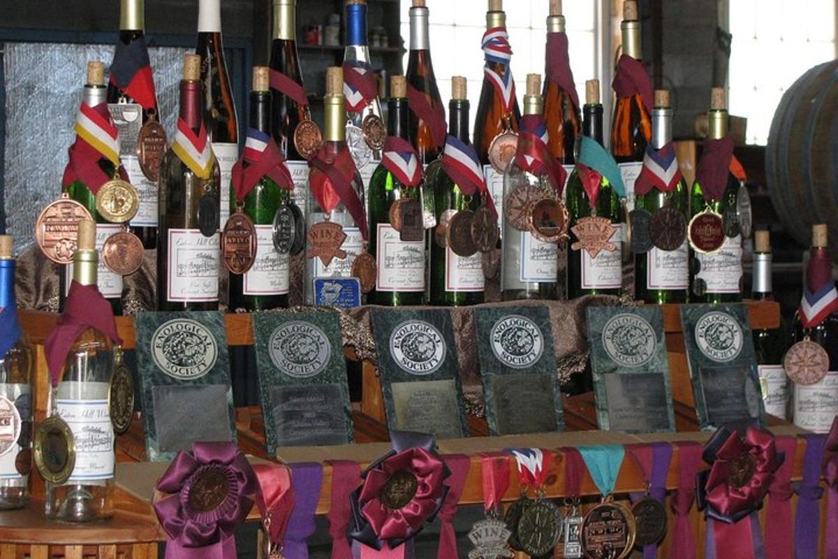 un mucchio di bottiglie di vino su un tavolo con medaglie
