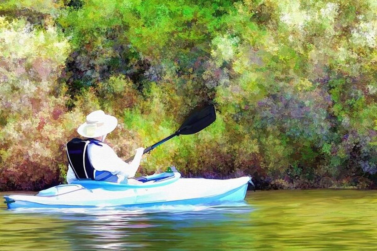 una pintura d'un home en una canoa a l'aigua
