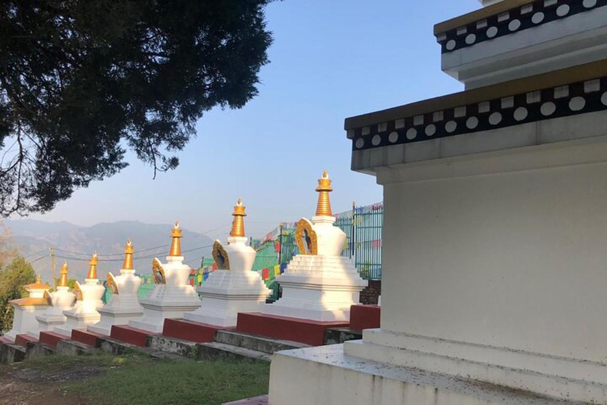 a row of white pagodas on top of a building