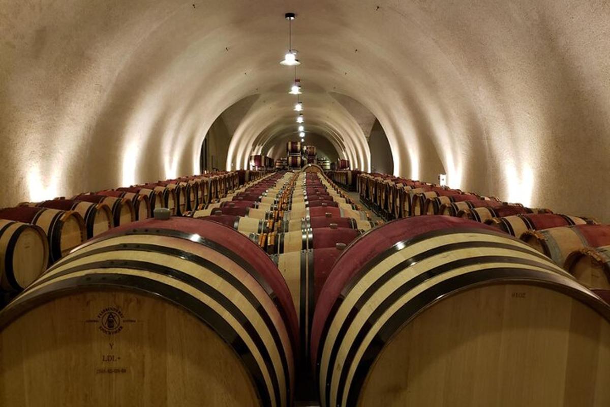 a row of wine barrels in a tunnel