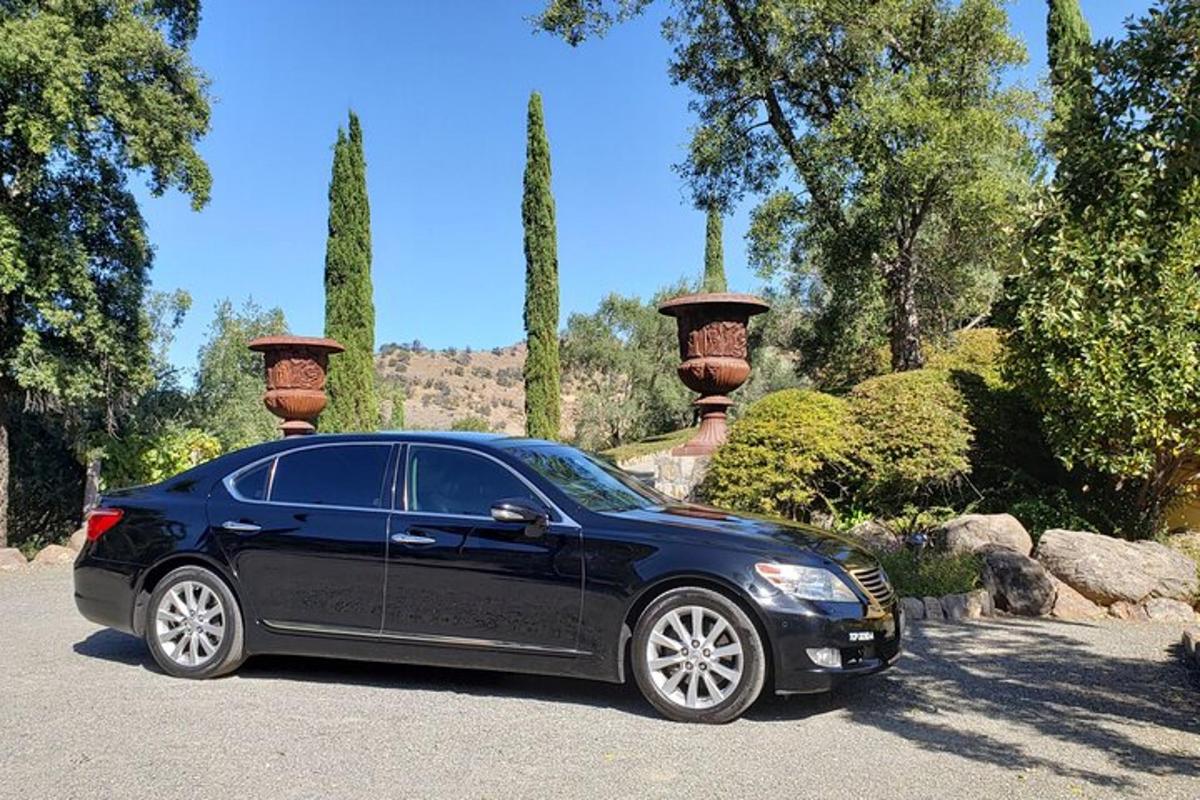 a black car parked in front of a garden