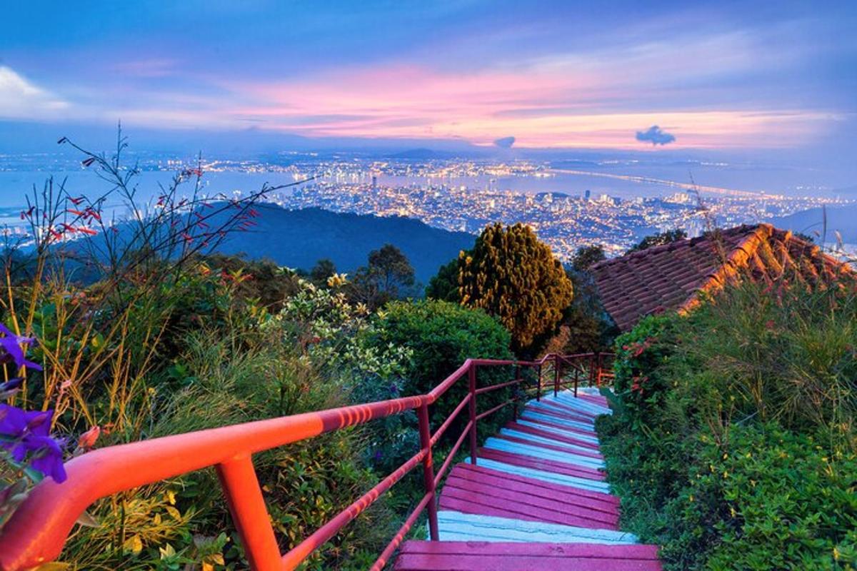a set of stairs with a view of a city