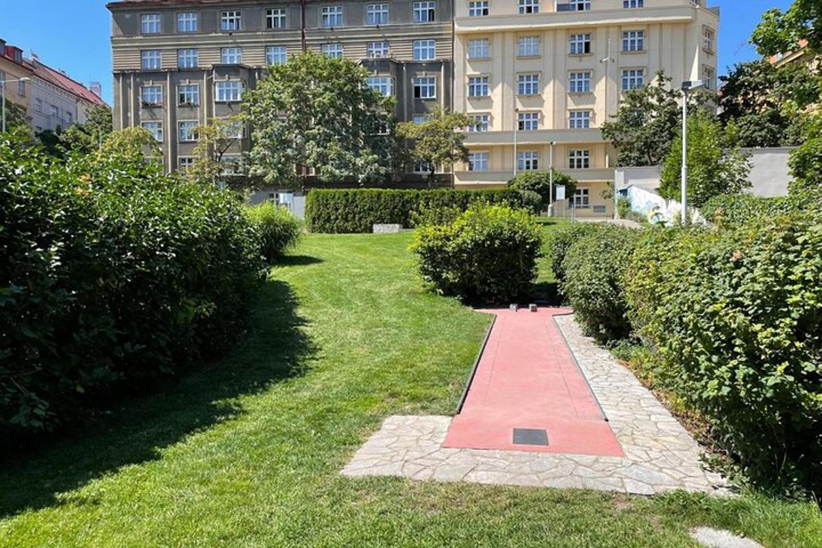 Un camino rojo en el césped frente a un edificio.