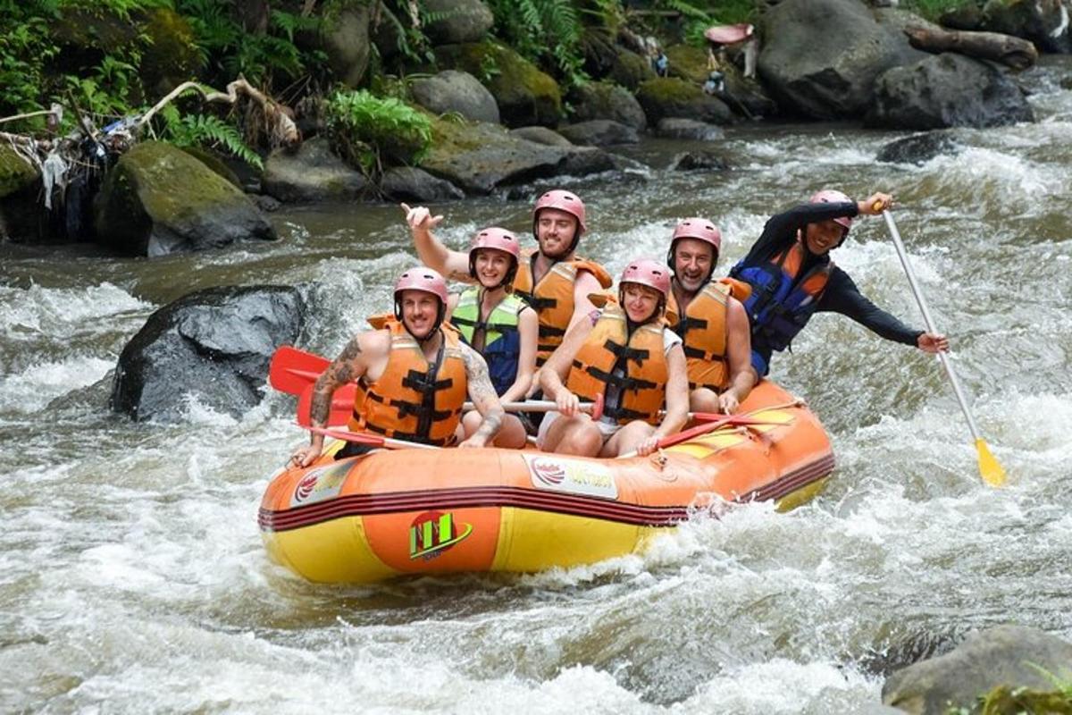 a group of people in a raft on a river