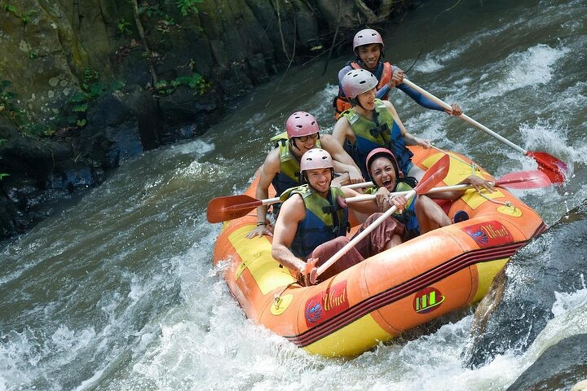 a group of people in a raft on a river