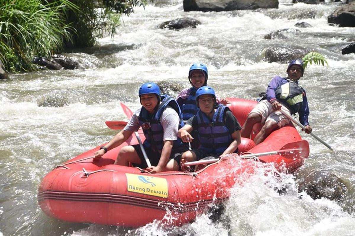 a group of people in a raft on a river